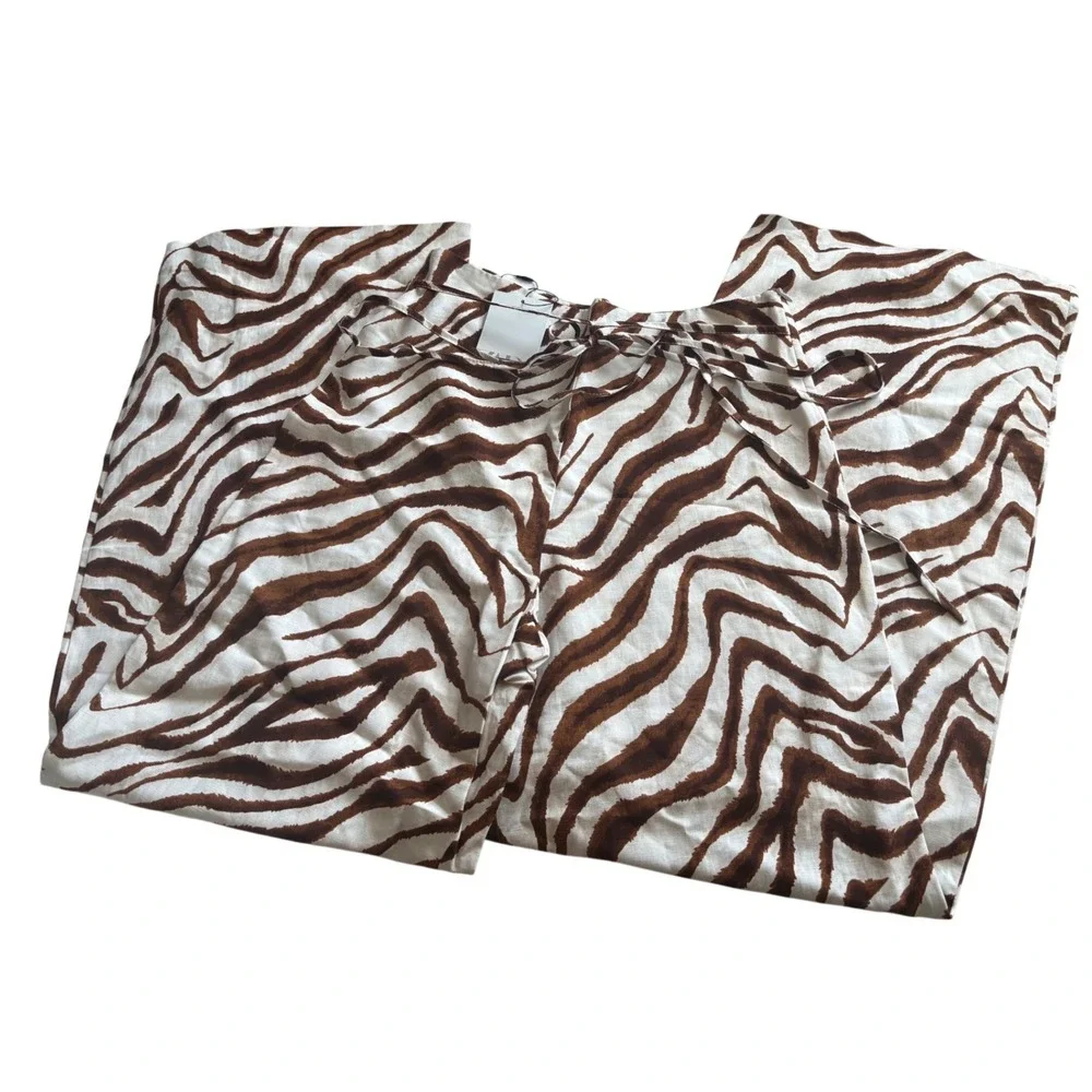Zara NWT Linen Animal Print Wide Leg Pants